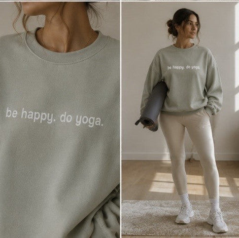 Collage of a person wearing a light green sweatshirt with text, sitting on a couch and standing in a room.